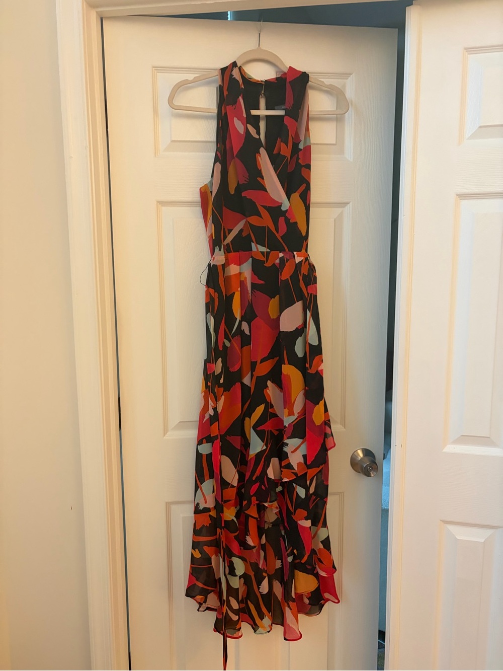 Sleeveless Black Floral Print Maxi Dress with Pink & Orange Accents